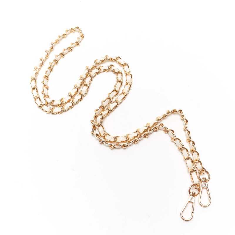 Faux Leather Bag Handle Strap with Metal Chain and Carabiners - Size 123x0.8 cm - Gold - White Faux Leather Bag Handle Strap with Metal Chain and Carabiners - Size 123x0.8 cm - Gold - White