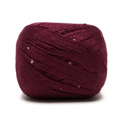 Filato Aurora viscosa naturale - Bordeaux con paillettes, gomitolo visto di lato