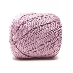 Filato Aurora viscosa naturale - Rosa Antico con paillettes, gomitolo visto di lato