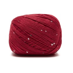 Filato Aurora viscosa naturale - Rosso con paillettes, gomitolo visto di lato