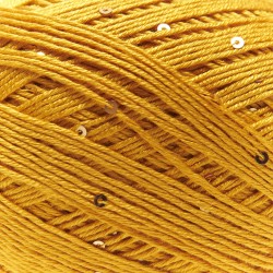Primo piano filato Aurora viscosa con paillettes - Giallo, dettaglio texture gomitolo
